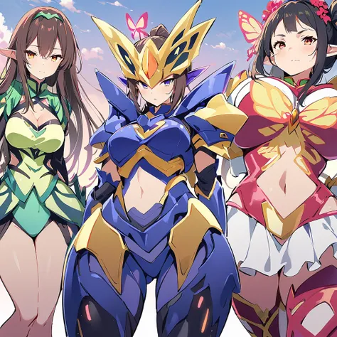 anime, fairy girls, elf's ears, butterfly's wings, body-armor, detailed body-armors, curvy body, multiple girls, armors shinning...