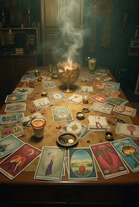 A representation of the Tarot journey in the background scattered on the table as if it were a movie of life