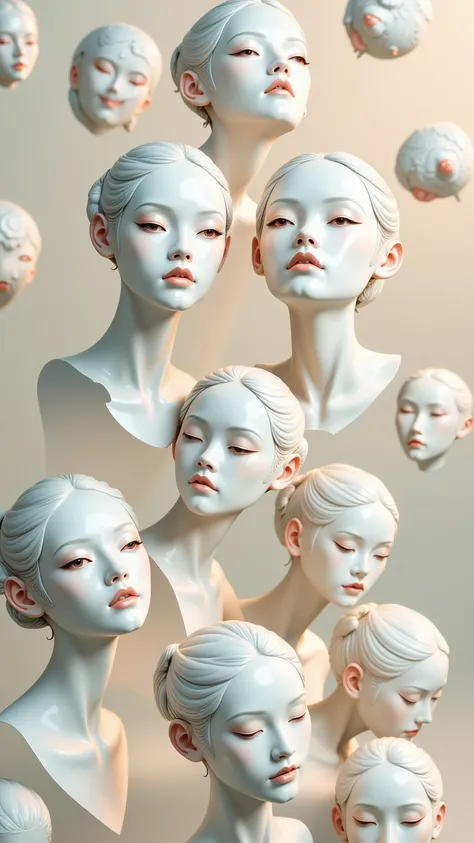 Expressionist artwork images of multiple floating ceramic heads of japanese women, pastel color palette, 3d collage style, make it weird and gallery worthy