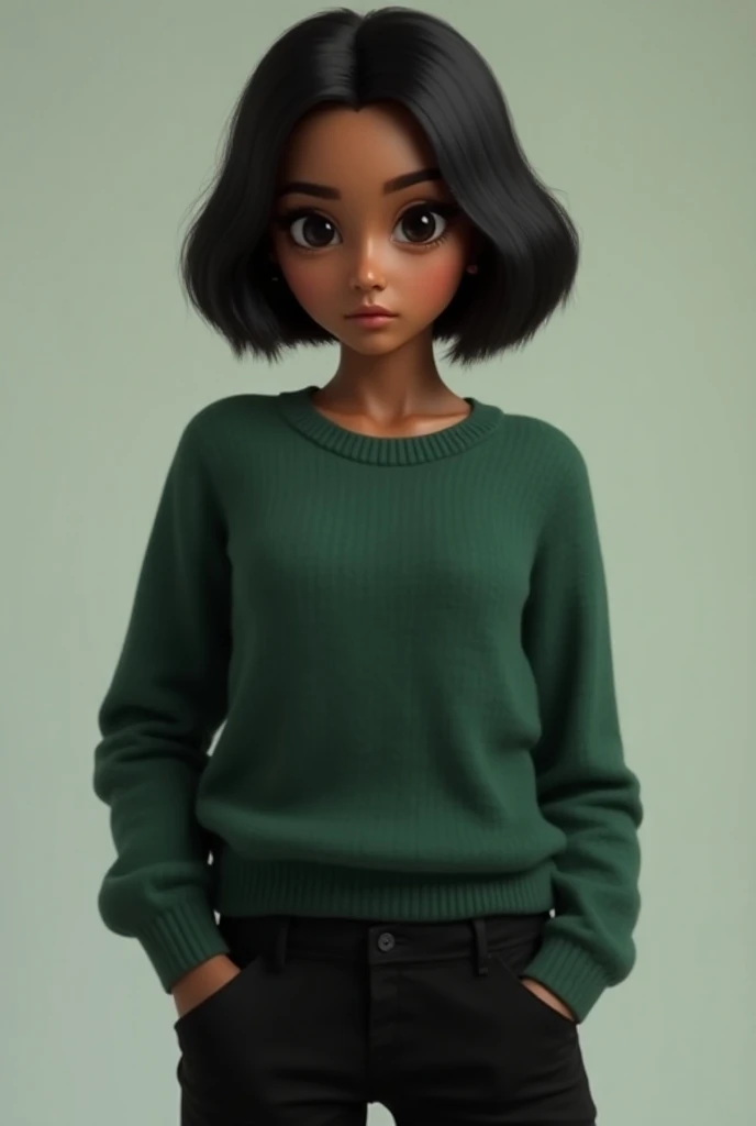  Create a small girl , black eyes, bob hair, mulatto  ,  green sweater  , black trousers ,  big tits and ass 
