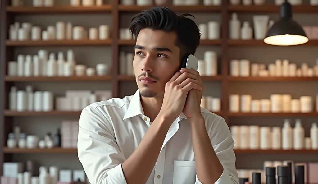 Complete picture of a pious young man wearing a white shirt, pensive and thinking because he called his mother, background in a cosmetics shop, HD