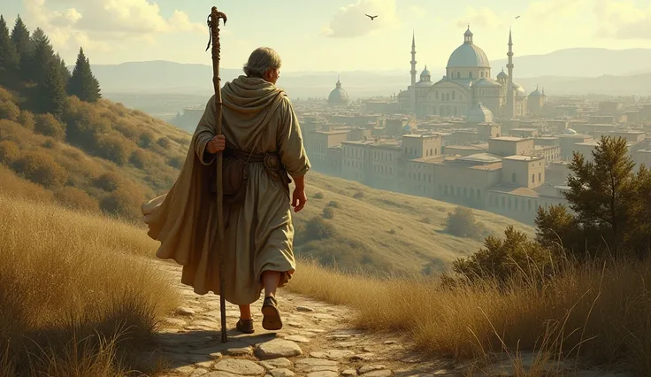 Saint Malachy, wearing humble pilgrim’s clothes, carrying a wooden staff and a small bag. He is walking along the hills of Rome, gazing at the city, where he is about to receive his famous prophetic vision.