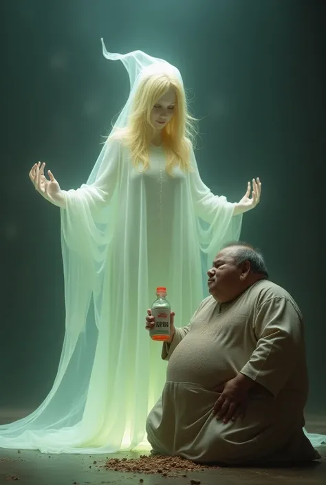 make a picture of the ghost of a blonde female genie being worshiped by an Indonesian ustadz chomping black fat fat fat with a silly face whose hand is holding a medicine bottle stamped LICENG bold font very detailed detail is clear.