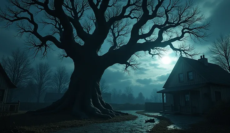  A gigantic, twisted oak tree dominates a dark garden in a courtyard of a family home.,  its branches extending like claws at night .  The light of the full moon casts sinister shadows on the ground , and at the foot of the tree ,  a trail of leaves and di...