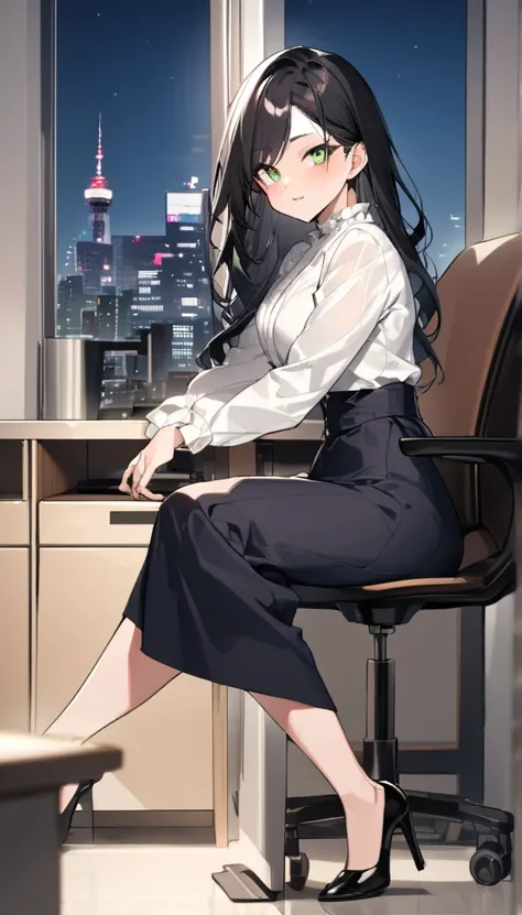 "office lady sitting at a desk, height 163cm, business chic, victorian blouse, slender 63cm waist, full 93cm hips, shapely legs,...