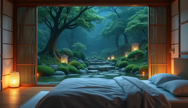 Japanese-style bedroom with a large floor-to-ceiling window offering a view of a lush, serene garden at night. The garden features moss-covered stones, delicate plants, and ambient lighting that gently illuminates the scene. The interior of the bedroom has...