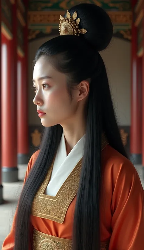 ((sfw)), naked,Full Body Shot, woman with huge bun, the size of her bun is 7 times the size of her head, straight black hair,Korean traditional bun,, ((breasts covered with very long hair,,))  looking to the side ,korean palace 