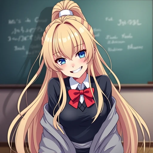 1girl, Gyaru girl, High Resolution, Best Quality, Blonde Hair, Absurdly Long Hair, breasts, Earrings, Blue eyes, Simple background, Anime, Accurate, Black School uniform, Black shirt, back Ponytail, Sweater wrapped on hips, Red Bowtie, Grin, Teeth, Long ey...