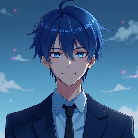 male、, a refreshing college student with room for wild adults、Extreme sadism、Cruel、Cold、sneer、Overconfidence、 wearing a navy blue blazer, light blue shirt, and black tie、 the tie is slightly loose 、 slightly tanned skin with a yellow base 、blue eyes、 eyes ...