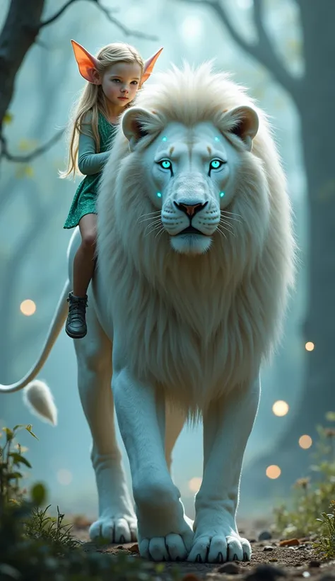 on A majestic hybrid lion with sleek white fur and magnetic elements integrated into its body, such as metallic mane strands and glowing accents along its limbs. The lions eyes emit a soft, ethereal blue glow. On its back rides a small girl elf with delica...