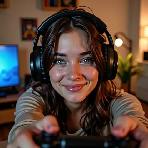 A young Latina woman with green eyes and fair skin, taking a selfie with her smartphone. She is wearing large gaming headphones. She is seated, holding a PS4 controller in one hand. The background shows a cozy room with soft lighting and a visible gaming s...