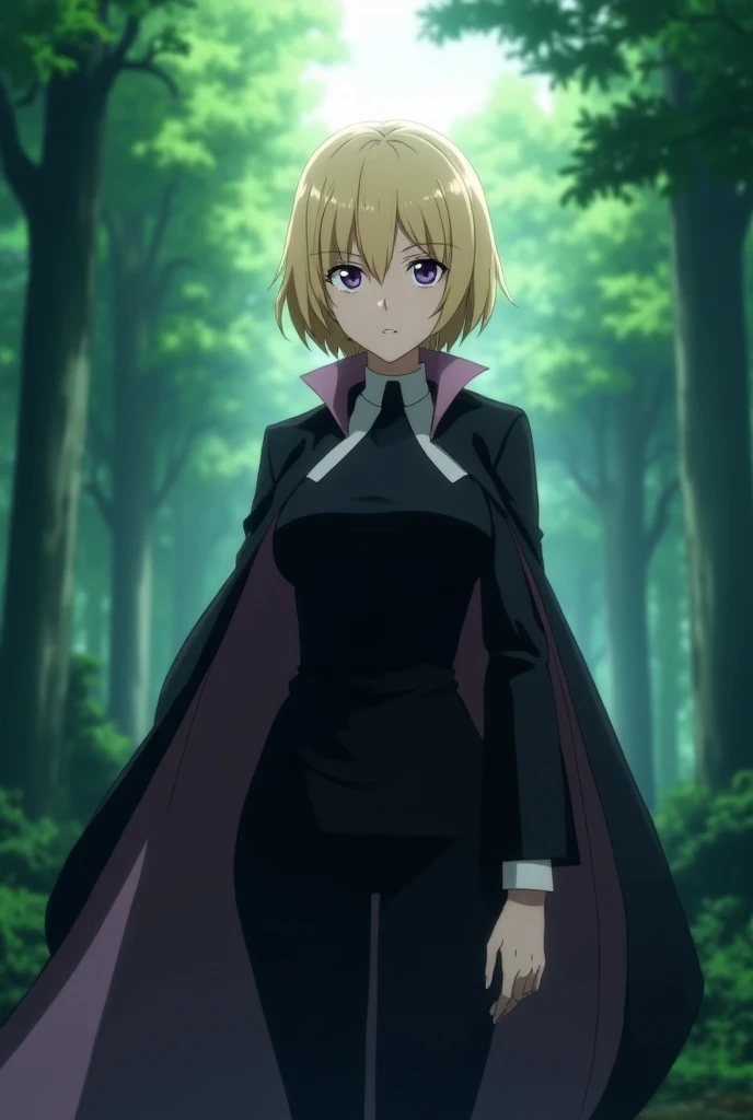 Screenshot of the anime DR Stone ,Of a blonde girl with violet eyes and white skin ,who has a slender, curvaceous body with a very thin waist and pronounced curves with fairly large breasts, and who wears a tight black suit and a long black cape up to her ...