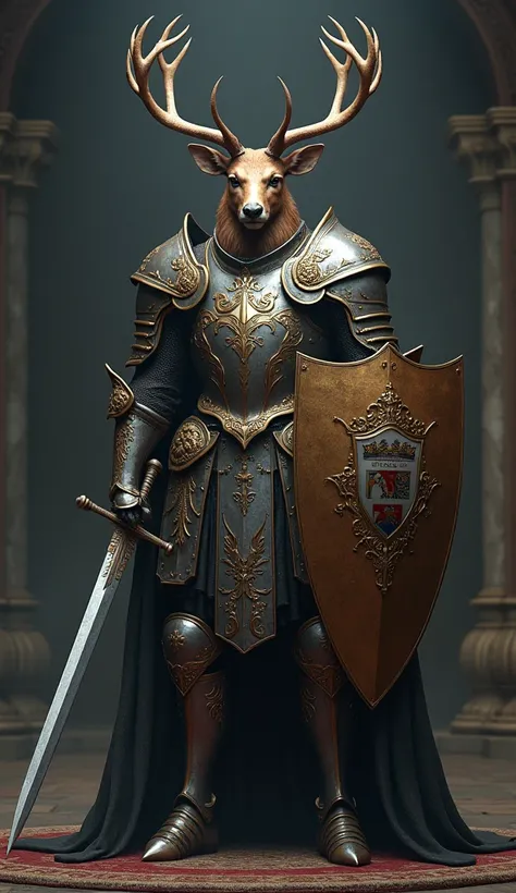 An imposing deer in medieval armor, holding a sword and shield with a coat of arms (Ultrarealistic, full body, deer body)