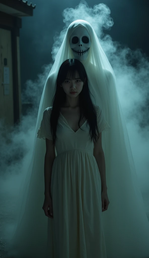 A young Vietnamese girl in her 20s, standing, behind her is a ghost wearing an old white dress, long hair, close to the girls cheek, a creepy smile, deep black eyes, surrounded by black fog. The scene was filmed at night, the surrounding scenery is immerse...