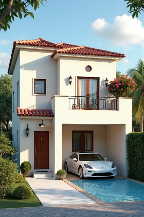  A small modern princess-style house with two floors .  On the first floor the Italian-style living room and kitchen , on the second floor two bedrooms with two bathrooms .  Including parking for two cars and a swimming pool 