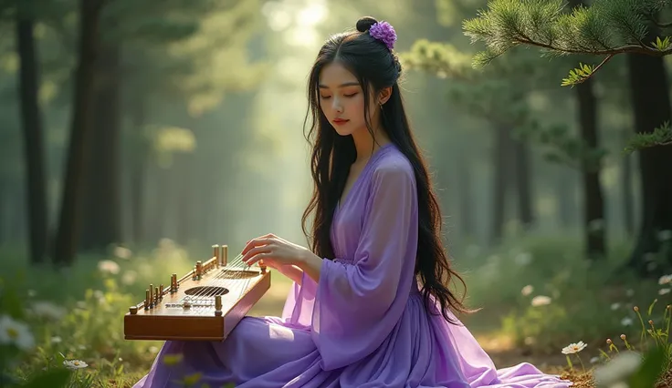 Beautiful Asian girl, sexy, playing guzheng in the middle of a pine forest, purple dress