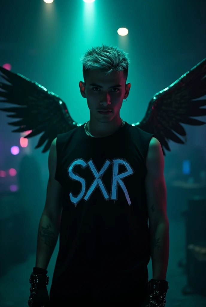 In this photo, a handsome 17-year-old man with silver hair, a skinhead wet, black eye makeup flowing with black eye makeup, a clear muscular figure wearing a black sleeveless shirt, with the gothic SXR lettering, glowing, shining down to his eyes, wearing ...