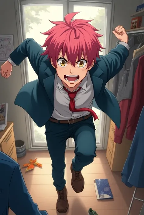 Young 18-year-old man with pink hair and beige eyes dressed in a hurry and with an outdated face in his room looking for his clothes to go to work 
Anime 
