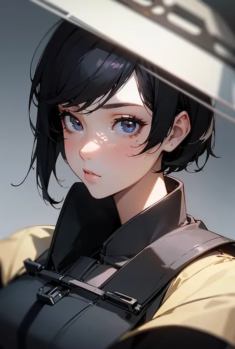 { masterpiece },{ The best quality },{1 girl}, beautiful, amazing,  beautiful and detailed eyes ,  black eyes ,  short hair,  black hair,Fine details, depth of field , CG ,original,  extremely detailed wallpaper,upper body,  looking at the spectator