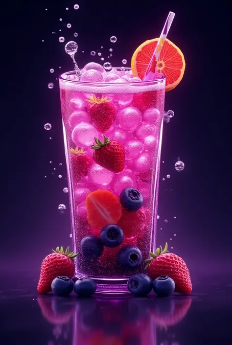  A logo for a drink called bubba fizz has a fruity flavor such as strawberries, blueberries and grapes, carbonated and refreshing , that has a cyberpunk-like aura with purple colors and touches of light with yellow, Focus on making it simple and easy to re...