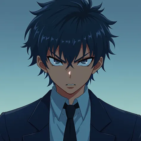 male、 A refreshing college student with plenty of room for wild adults 、Extreme sadism、Cruel、Cold、sneer、Overconfidence、 wearing a navy blue blazer, light blue shirt, and black tie 、 the tie is slightly loose 、 slightly tanned skin with a yellow base 、Dark ...