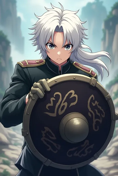  A white-haired military anime character, black eyes and with a shield 