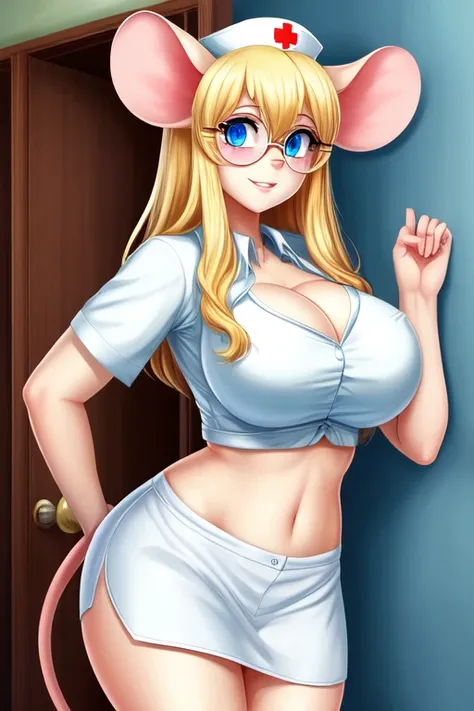 Shy, busty blonde high school nurse mouse girl, half-moon glasses, ((best quality)), ((masterpiece)), (detailed), perfect face, blue eyes, big breasts, midriff