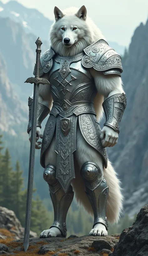 A white wolf warrior in silver armor, wielding a longsword with ancient symbols (large, with white wolf skin, full body, Ultrarealistic)