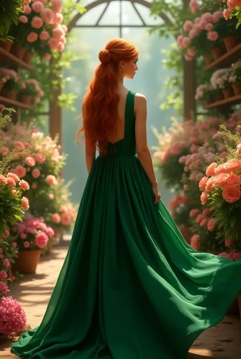 Copper-haired girl dressed in period green dress in flower shop turning her back



