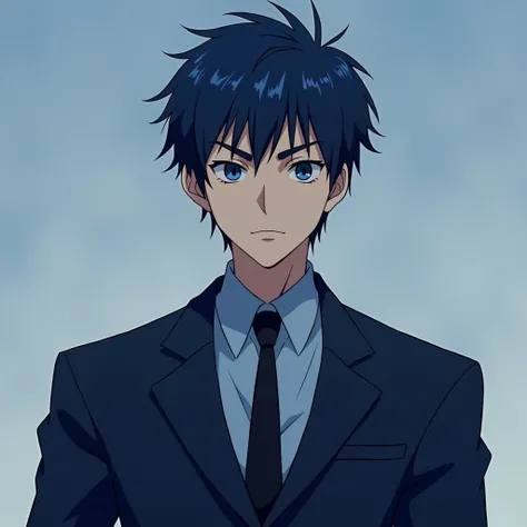 male、, a refreshing college student with room for wild adulthood 、Extreme sadism、Cruel、Cold、sneer、Overconfidence、 wearing a navy blue blazer, light blue shirt, and black tie、 the tie is slightly loose 、 slightly tanned skin with a yellow base 、Dark blue ey...