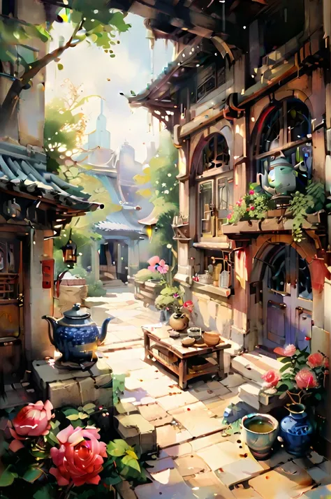 Open Chinese-style carved wooden door with stained glass Windows,a round coffee table,a teapot,several cups,very fine China,hot,outside the courtyard full of flowers,(Climbing Roses from the eaves:1.4),hanging on both sides of the door,afternoon sunshine,s...