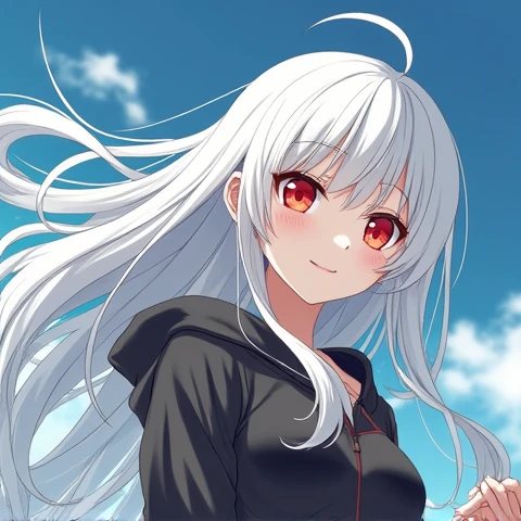 Anime girl with white hair and red eyes..Long hair, chest, smile, Red eyes, Hood,  Facing Up, , anatomically correct,  Masterpieces, chestใหญ่, คุณภาพที่ดีที่สุด, ความละเอียดสูง, คุณภาพ, ถูกต้องตามกายวิภาคศาสตร์, 