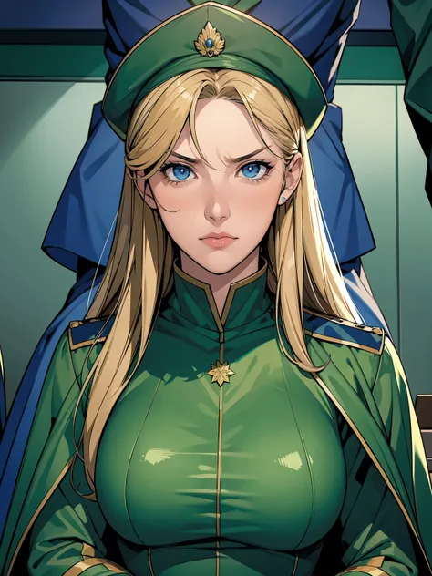 A woman in green military uniform, realistic, general, green cape, adult, large breasts, long golden hair, angry expression, (detailed eyes, sky blue eyes), (captured, escorted by two men in blue military uniforms, indoor, interrogation room)