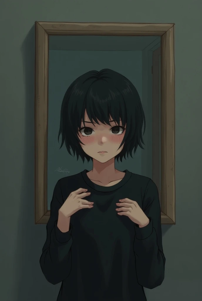 Girl with facial dysmorphia short hair looking in the mirror anime and black shirt 
