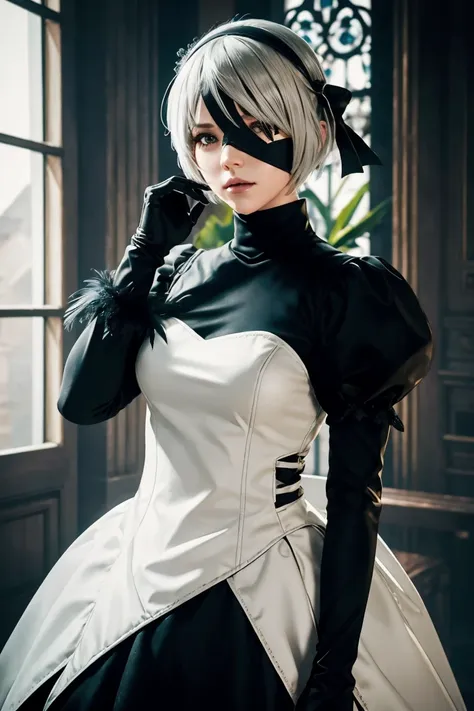 2b nier automata,bobcut, gray hair,long sleeve, juliet sleeve, white gloves, turtleneck, bangs, feather ornament, feather orname...