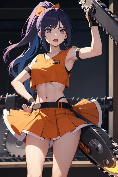 1girl, solo, long hair, breasts, open mouth, blue eyes, rainbow hair, navel, jewelry, ponytail, thighs, earrings, pleated skirt, midriff, miniskirt, blurry, crop top, abs, armband, wristband, cheerleader, orange shirt, orange skirt, health bar, command inp...