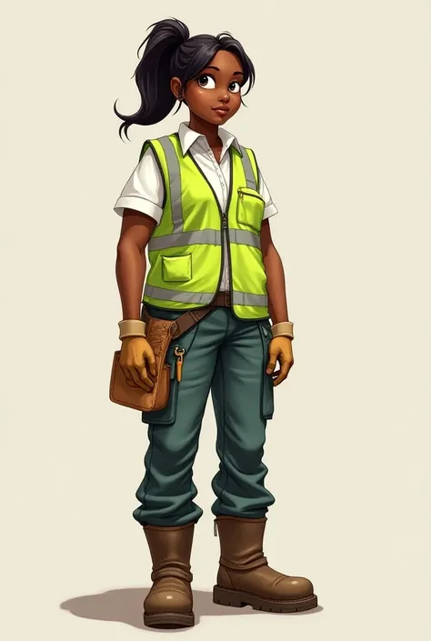  Create an illustration of a light-toned black woman ,realista com colete  Construction green , beige pants , hair tied up, construction boots . Light black woman.

1. ** Type of figure **: a light-skinned black woman.
2. **clothes**:
   - **vest**:  Const...