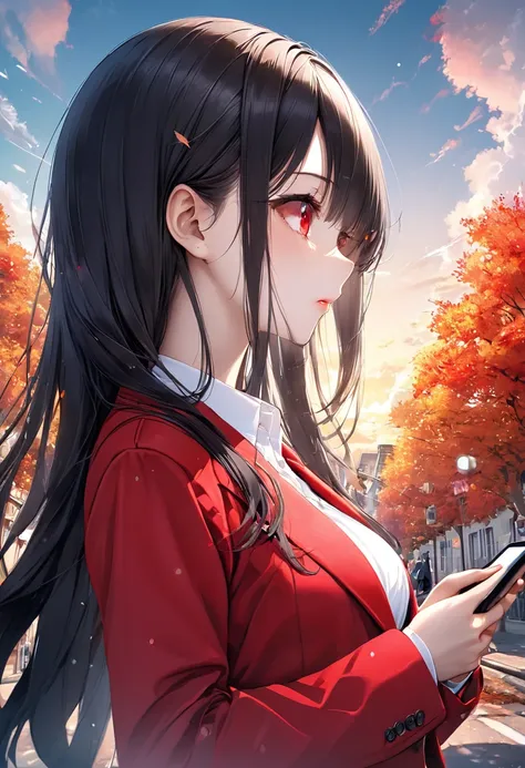 (profile and low angle style), (hand holding a iPhone), Talking on iPhone,
(beautiful hime-cut)
(beautiful black hair delicate long hair),
(immensely cool beauty girl) (age 18), (beautiful cool red eyes)
((make up face, glossy lip)), (sad face), (big tits)...