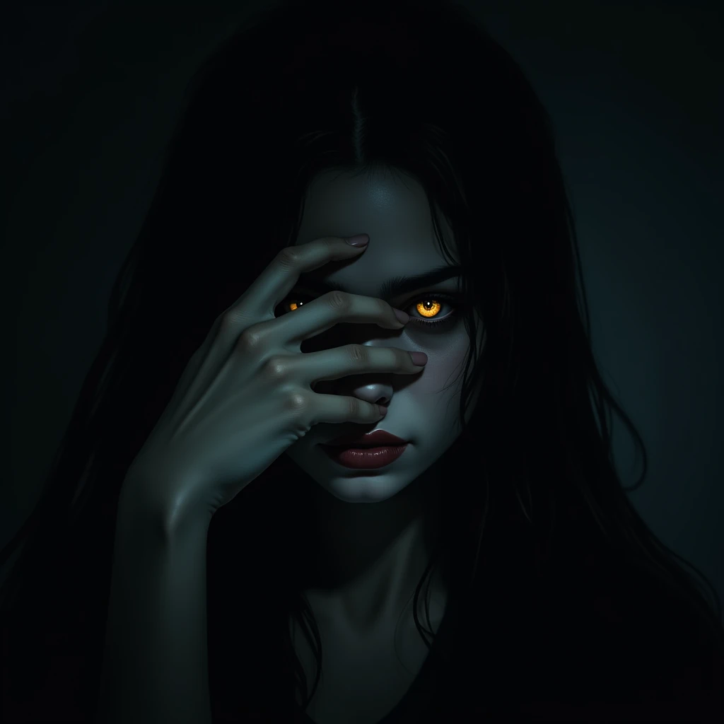 A womans eyes glimmering in dark behind her is a evil shadow , the evil shadow is covering her eyes with its hand a nice dark aesthetic creative art


