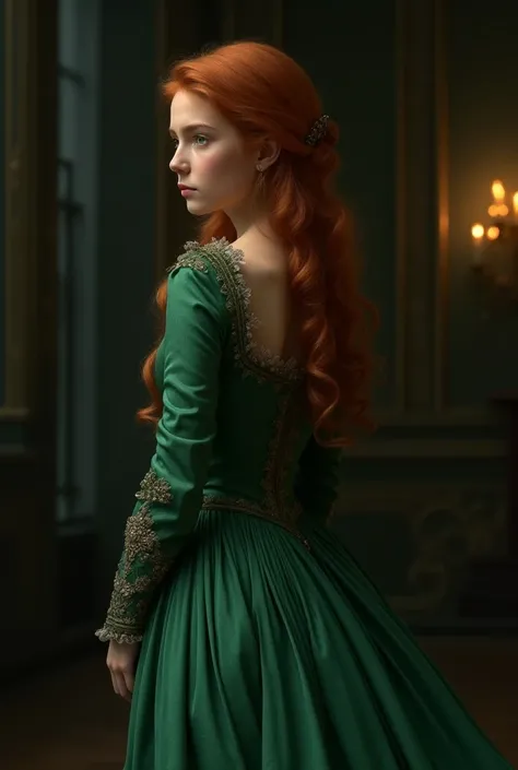 Copper-haired girl in green period dress
 Turning my back



