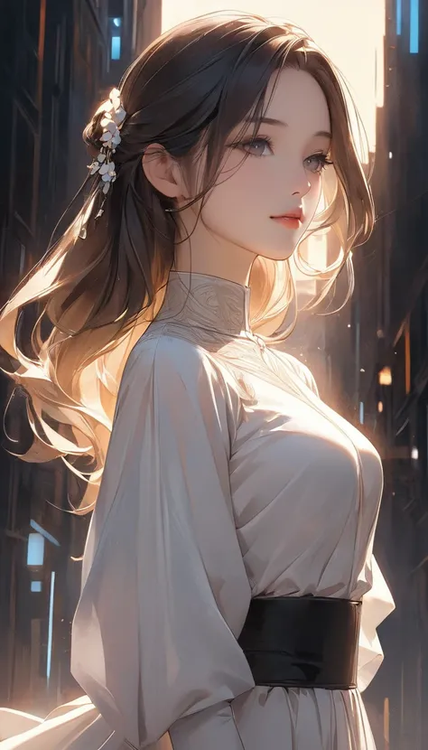 A waist-up view of a semi-realistic anime-style woman, aged 23, with long, sleek dark hair styled in a half-up half-down fashion. The upper part of her hair is elegantly tied back, while the rest cascades gently over her shoulders, giving her a composed ye...