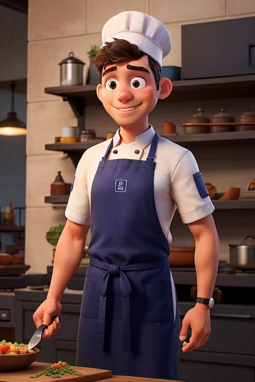 Chef Luiz who likes to cook ,  in an industrial male cooking environment using cook clothes and an apron from the State of Pernambuco holding a knife 