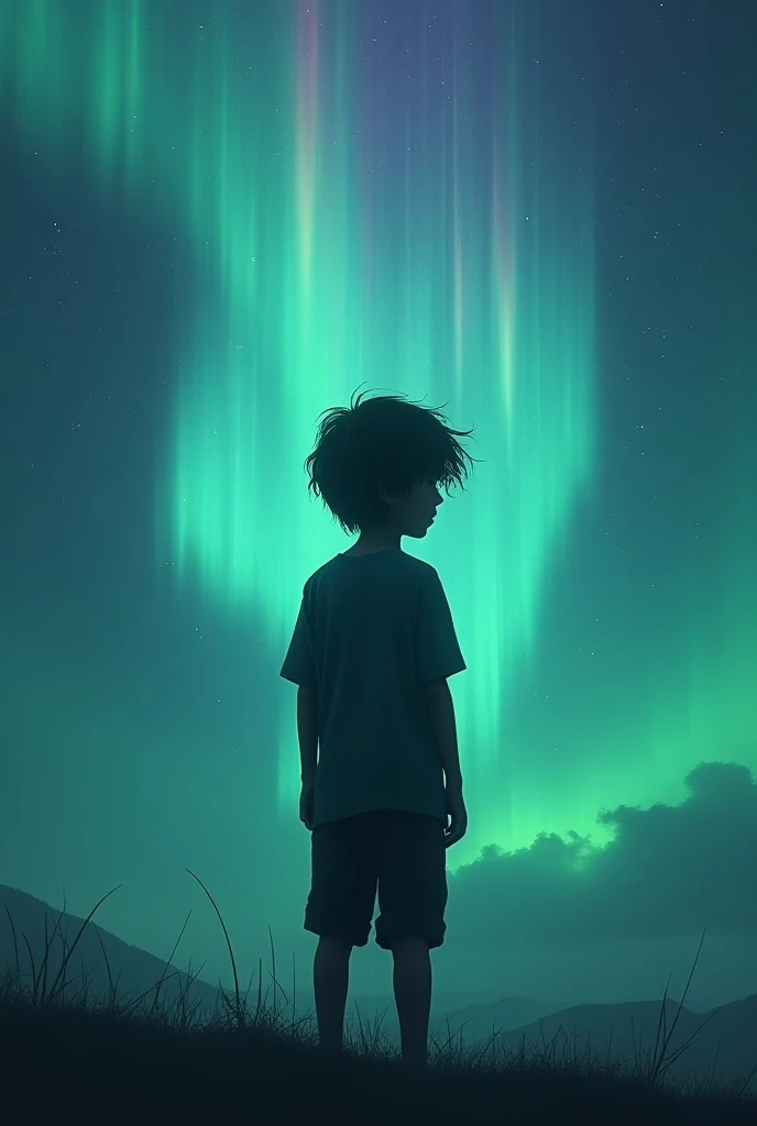 Boy with his back with an aurora on his head 



