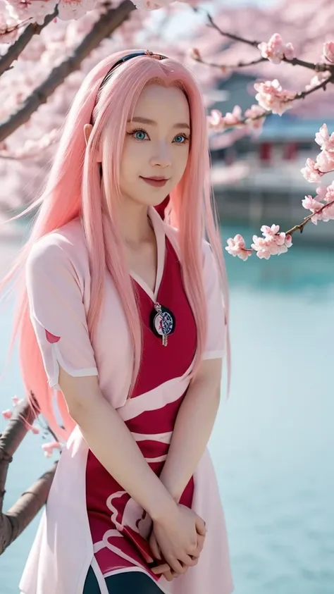 tmasterpiece，  The best quality at the best， 1girll， Sakura Haruno， Ngực lớn, smile， pink hair，  long white hair ， (blue eyes: 1,4)， forehead protection ， cây anh đào， Flying cherry blossoms ， red clothing，  half man tights ,  wallpaper , Femoral
