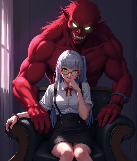 in style of Rodney Matthews，in style of Yuumei
character concept design,1girl,sitting，Sitting on the sofa,Green glowing eyes,Cross your legs, Support the lower jaw with one hand, Head tilt, red round frame glasses, evil‘s Laugh, Tall muscular red oni stand...