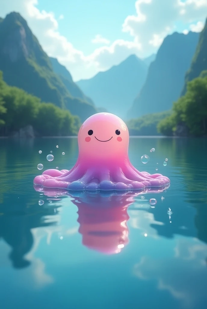  Distant view of a lake, Super cute Slime , reflecting light , Colorful bubbles ,Magic lake , Ultra detailed, The best quality ,soft lighting, fantasy style,  vibrant colors 