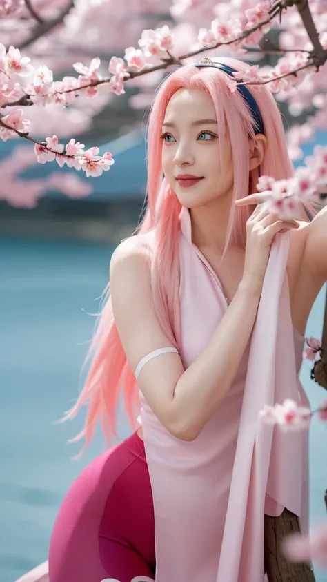 tmasterpiece，  The best quality at the best， 1girll， Sakura Haruno， Ngực lớn, smile， pink hair，  long white hair ， (blue eyes: 1,4)， forehead protection ， cây anh đào， Flying cherry blossoms ， red clothing，  half man tights ,  wallpaper , Femoral
