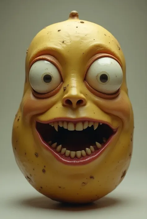 Potato with a super realistic ugly face and a big eye strange smile 