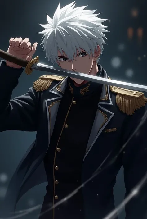 An anime male character wearing a white-haired military jacket, black eyes and with a blade