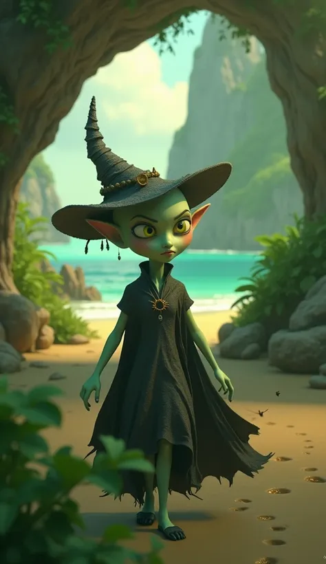 Bald green witch walking on edge of (beautiful sea beach) 3d animated 